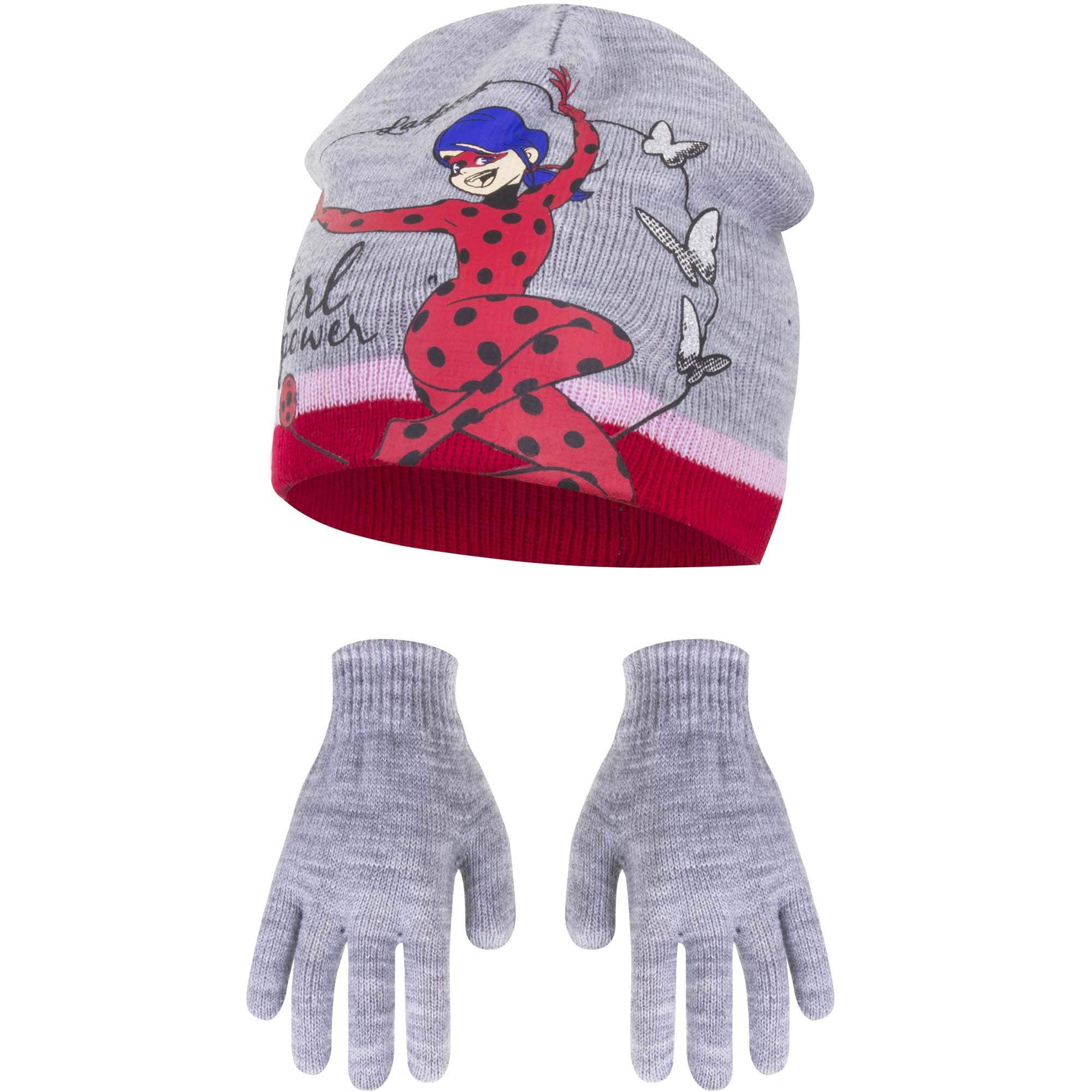 Girls Miraculous Ladybug Winter Hat and Gloves Set Beanie Bobble